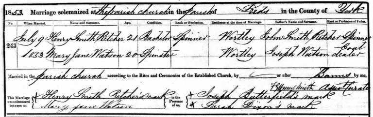 Marriage for Henry Smith RETCHER and Mary Jane WATSON